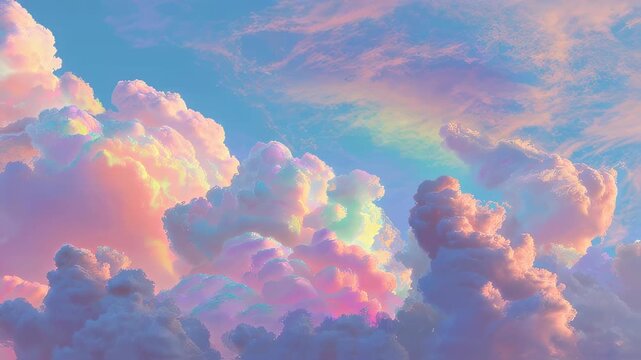 Brilliant iridescent rainbow colors illuminate fluffy clouds in a tranquil blue sky at holographic sunrise