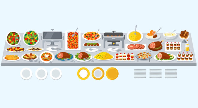 A panoramic flat illustration of a lavish buffet spread featuring a wide variety of dishes, salads, desserts, chafing dishes, and plates arranged on a long serving table.
