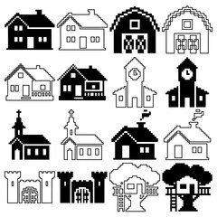 Pixel Art Building Icons Set. Retro 8-bit House, Castle, Church, and City Structures Vector Collection. Monochrome Silhouette and Outline.