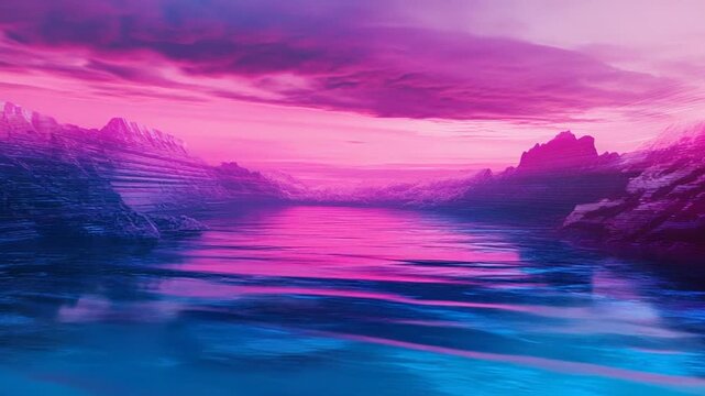 Digital fantasy landscape with neon pink and blue sunset