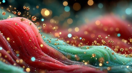 Red and Green Fabric with Gold Glitter Particles