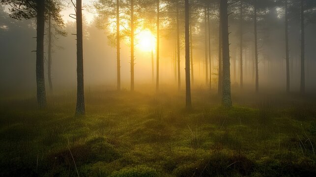Golden sunlight streams through a misty forest. - Powered by Adobe