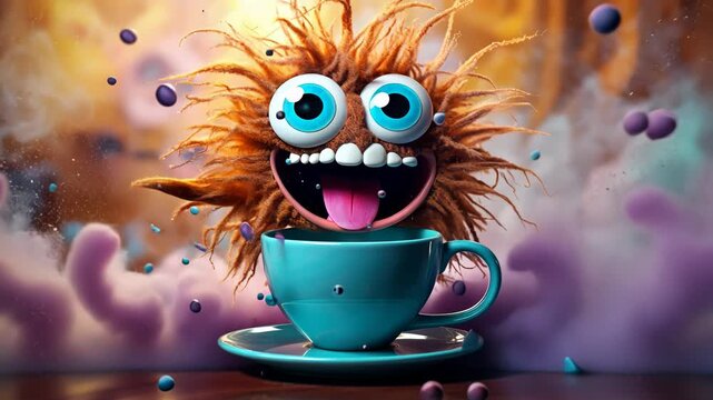Coffee monster with crazy eyes. Cute character with caffeine energy, very excited