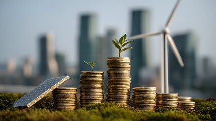 Growth of Green Investment with Coins, Solar Panel, and Wind Turbine