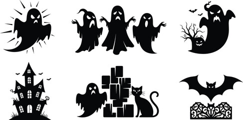 Set of black ghosts and haunted house silhouettes with cat and bat vectors