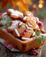 Gingerbread Cookies on Wooden Tray with Powdered Sugar