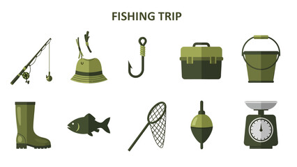 Ten green and dark green icons depicting various fishing trip equipment on a white background © Faisal