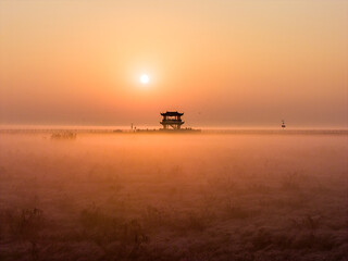 Sunrise over wetlands, morning mist, Chinese-style pavilion