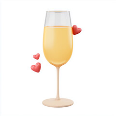 Cartoon champagne glass with orange liquid and floating red hearts isolated on white
