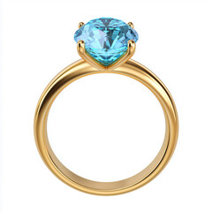 Golden engagement ring with large blue gemstone on white background