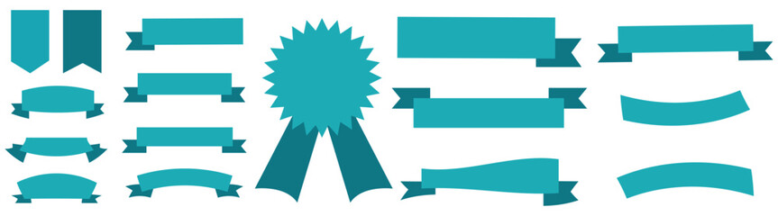 Collection of teal ribbons and banners on isolated white background for design elements