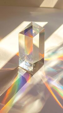A tall, rectangular prism refracts light, displaying a spectrum of colors and vibrant shadows on a surface
