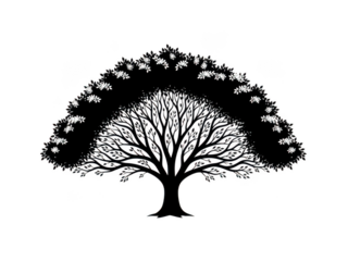Stylized white outline tree with intricate leaves isolated on transparent background
