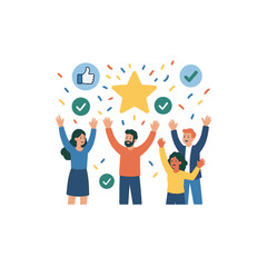 Celebration Of Team Success: Diverse Group Raising Hands Around A Big Star