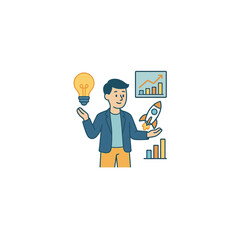 Entrepreneur Presents Startup Idea With Lightbulb, Rocket, And Growth Charts for Innovative Business Concept