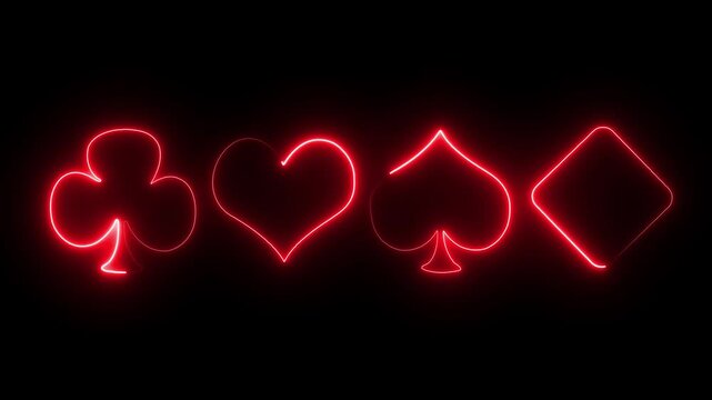 Neon playing cards glowing on black background animated graphic. Abstract animation background. Concept of online.