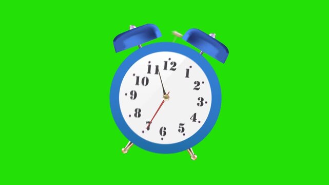 Animation blue alarm clock illustrating time passage against green screen