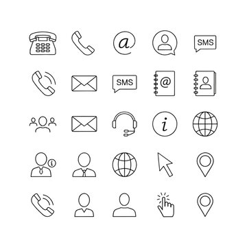 Grid of hand-drawn communication and contact icons including phone, email, globe, and user. icon set