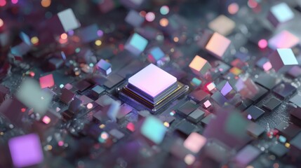 Close-up of a central processing unit (CPU), glowing with colorful light, surrounded by microchips, suggesting technological advancement and data processing