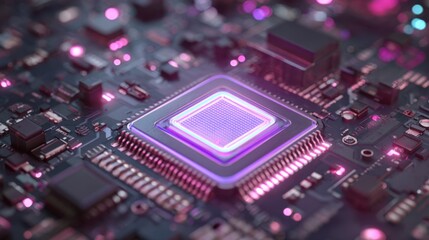 Close-up view of a circuit board and microchip. The board features a detailed layout of electronic components