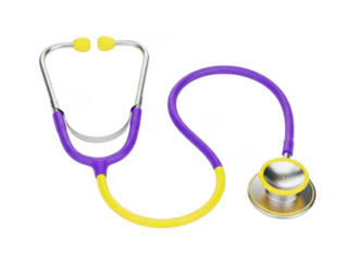 Purple and yellow stethoscope 3d render isolated on transparent background