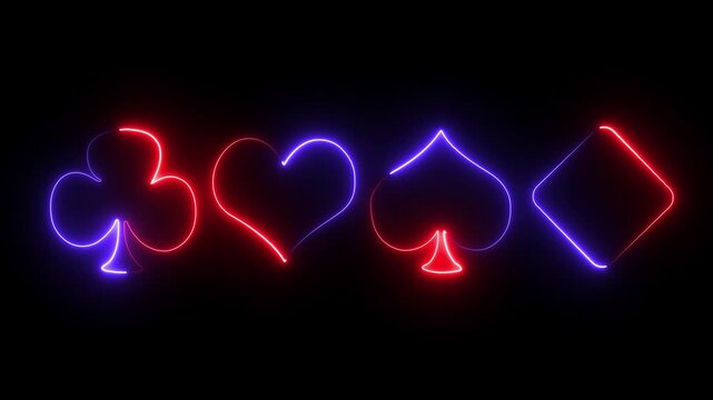 Poker and casino. Glowing neon line suit playing cards icon on black background. Casino gambling. 4K Video motion graphic animation.