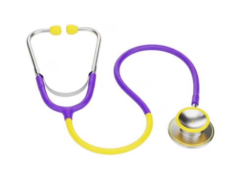 Purple and yellow stethoscope 3d render isolated on transparent background - Powered by Adobe