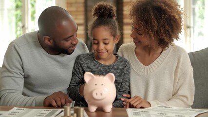 Young family expense tracking piggy bank coins savings budget smiling family gathers around planning future goals together