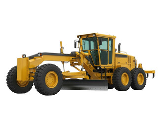 Fototapeta premium Yellow motor grader heavy construction machine isolated on transparent background