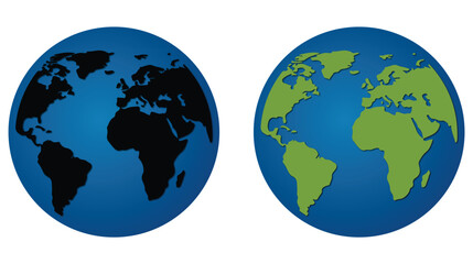 Two blue globes representing the earth with different continent colors on a white background isolated on white background