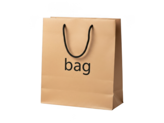 Brown paper shopping bag with 'bag' text and black handles, isolated on transparent background