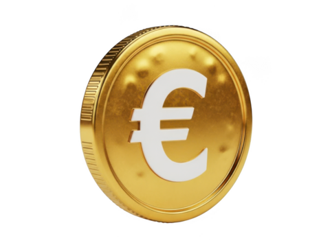 Golden euro coin with white symbol, isolated on transparent background - Powered by Adobe