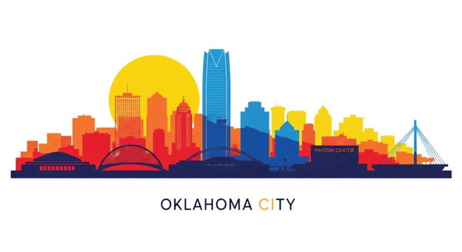 Vibrant oklahoma city skyline silhouette with a large yellow sun