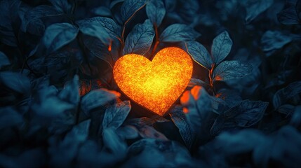 Glowing heart nestled within dark, mysterious foliage 