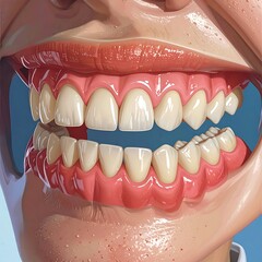 Digital illustration of an open mouth with visible teeth and gums, highlighting the upper and lower sets. The skin and background are also visible