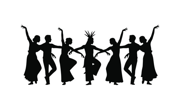 Diverse group of people dancing joyfully in silhouette against a white background