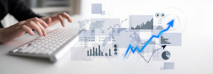 A focused approach to business growth illustrated by hands on a keyboard with various graphs and data visualizations, symbolizing financial trends and insights. Scalp