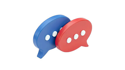 Two 3D Speech Bubbles Red and Blue Intersecting with White Dots Representing Communication or Conversation on a Transparent Background
