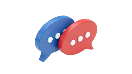 Two 3D Speech Bubbles Red and Blue Intersecting with White Dots Representing Communication or Conversation on a Transparent Background