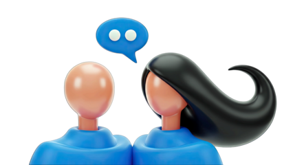 Two 3D stylized figures in blue shirts communicating with a blue speech bubble overhead displaying white dots symbolizing conversation against a black background with a transparent background effect