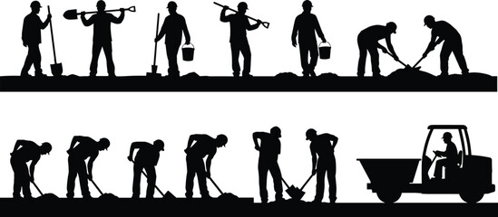 Construction workers silhouette, manual labor teamwork, shovel digging, industrial workforce, black vector icons, site activity, heavy equipment, occupational effort, infrastructure development © Manu