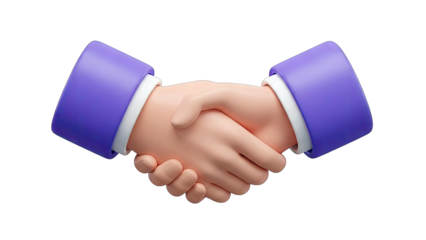 Two cartoon hands shaking in agreement with purple cuffs and white sleeves on a transparent background symbolizing partnership and collaboration
