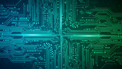 Abstract Digital Circuit Board Pattern With Glowing Blue and Green Lines and Nodes technology