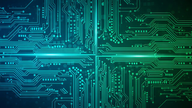 Abstract Digital Circuit Board Pattern With Glowing Blue and Green Lines and Nodes technology - Powered by Adobe