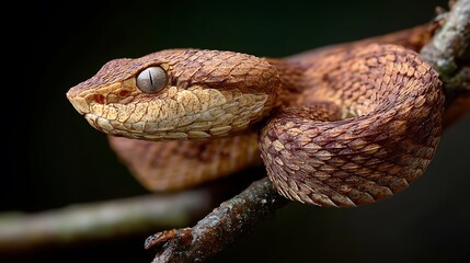 Green python reptile on a wild tree branch, a dangerous serpent with beautiful scales and a bright eye in nature