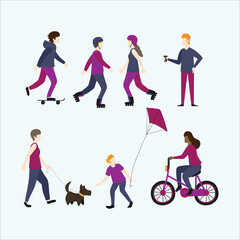 People outdoor activities. Skating cycling walking. Flying kite coffee break. Healthy lifestyle. Recreational pastimes