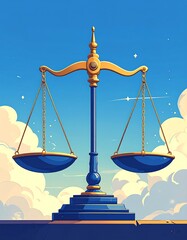 Digital illustration of gold and blue scales of justice silhouetted against a vibrant, stylized sky filled with clouds and a few stars