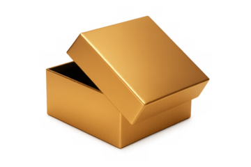 Golden open gift box presenting luxury surprise, premium empty container revealing festive holiday discount packaging