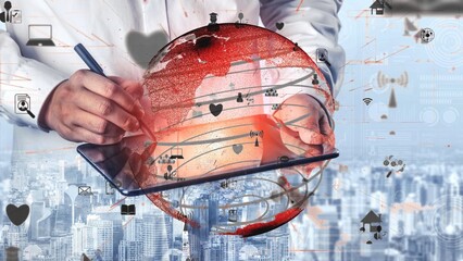 A creative representation of business innovation featuring hands using a tablet while surrounded by dynamic global graphics and data visuals in a city backdrop. Xenic