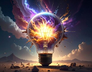 Surreal digital art of a glowing lightbulb exploding with color